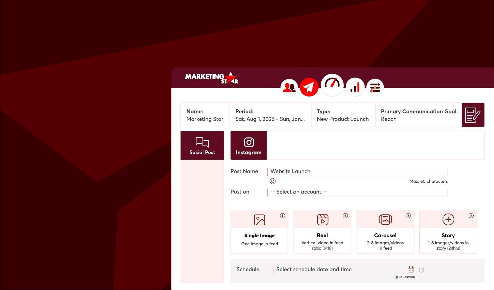 Marketing Star Instagram campaign setup dashboard with features to publish Single Image Posts, Reels, Carousel Posts, and Stories, plus content scheduling.