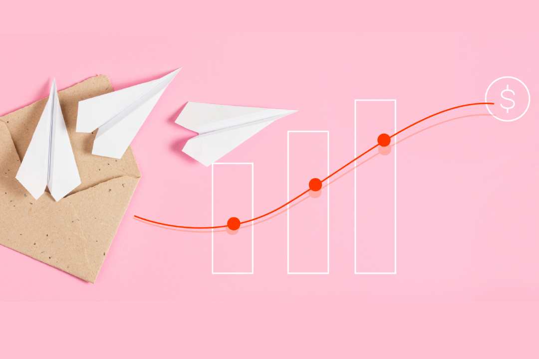 Paper planes with envelope beside rising bar chart and dollar sign, symbolizing email marketing growth