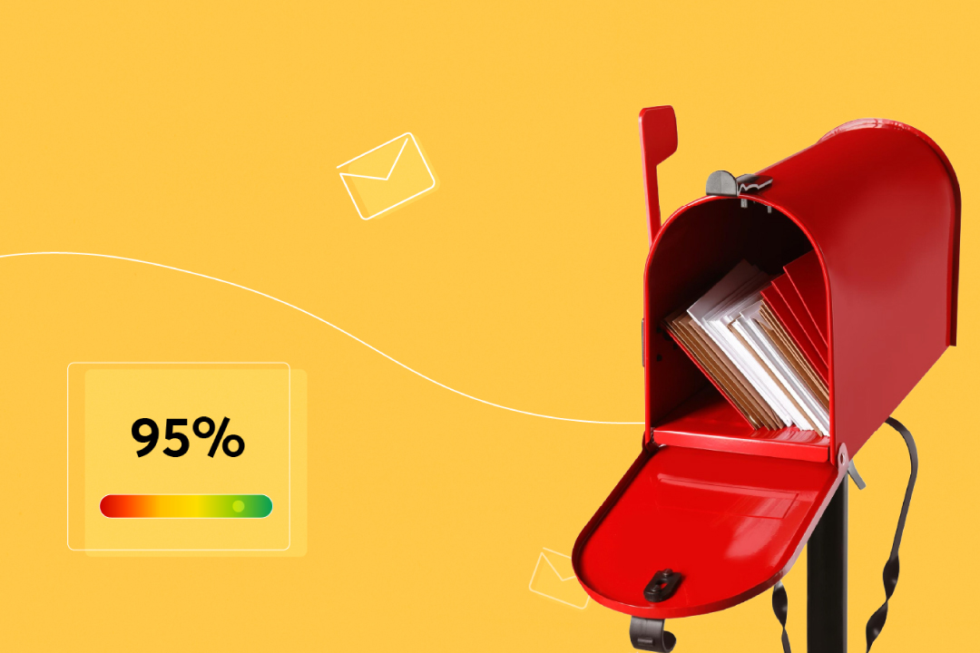 Red mailbox filled with letters on yellow background, 95% delivery rate indicator, representing direct mail marketing
