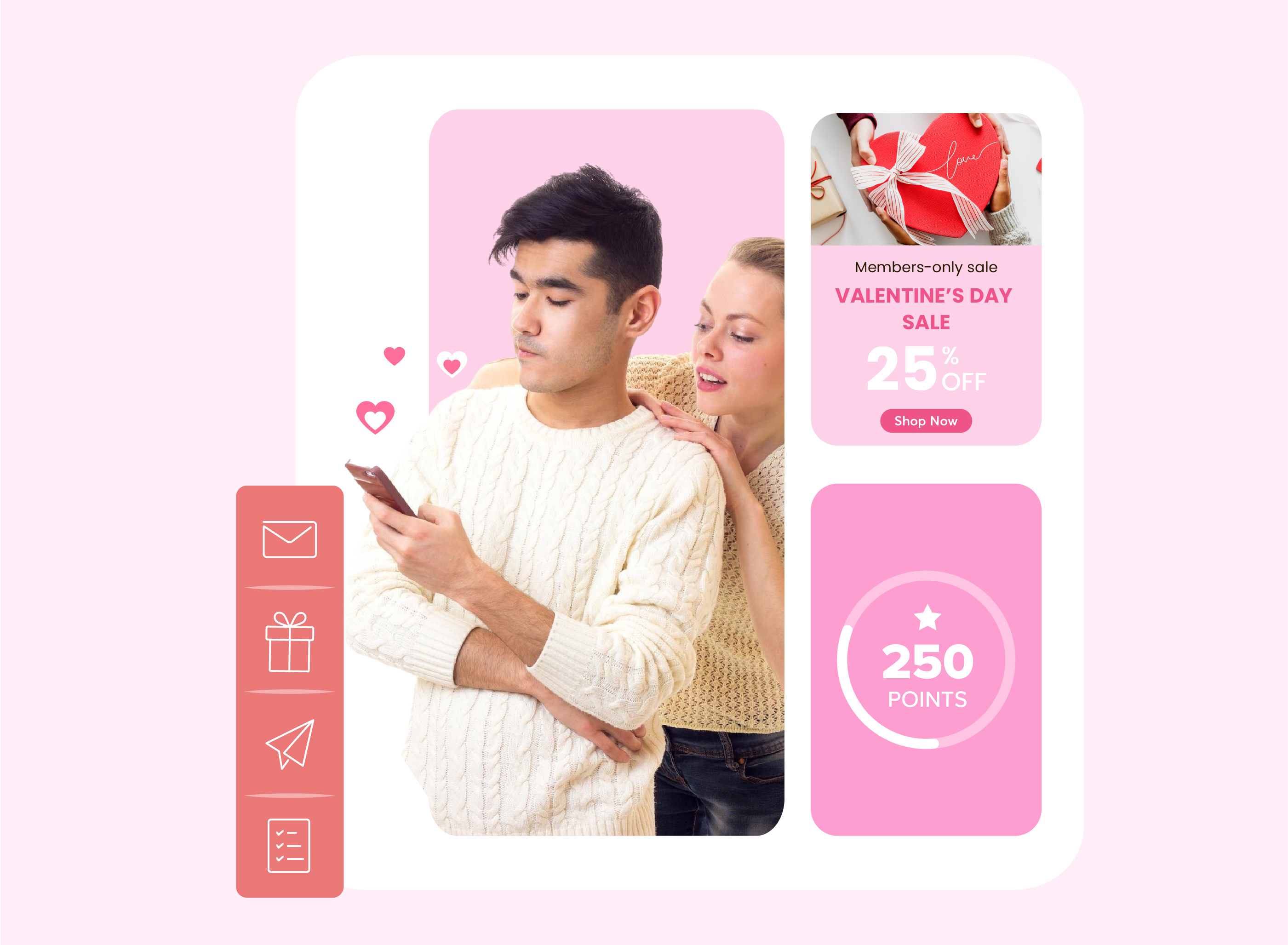Valentine’s campaign visual showing couple on phone, sale offer, and loyalty rewards journey. 