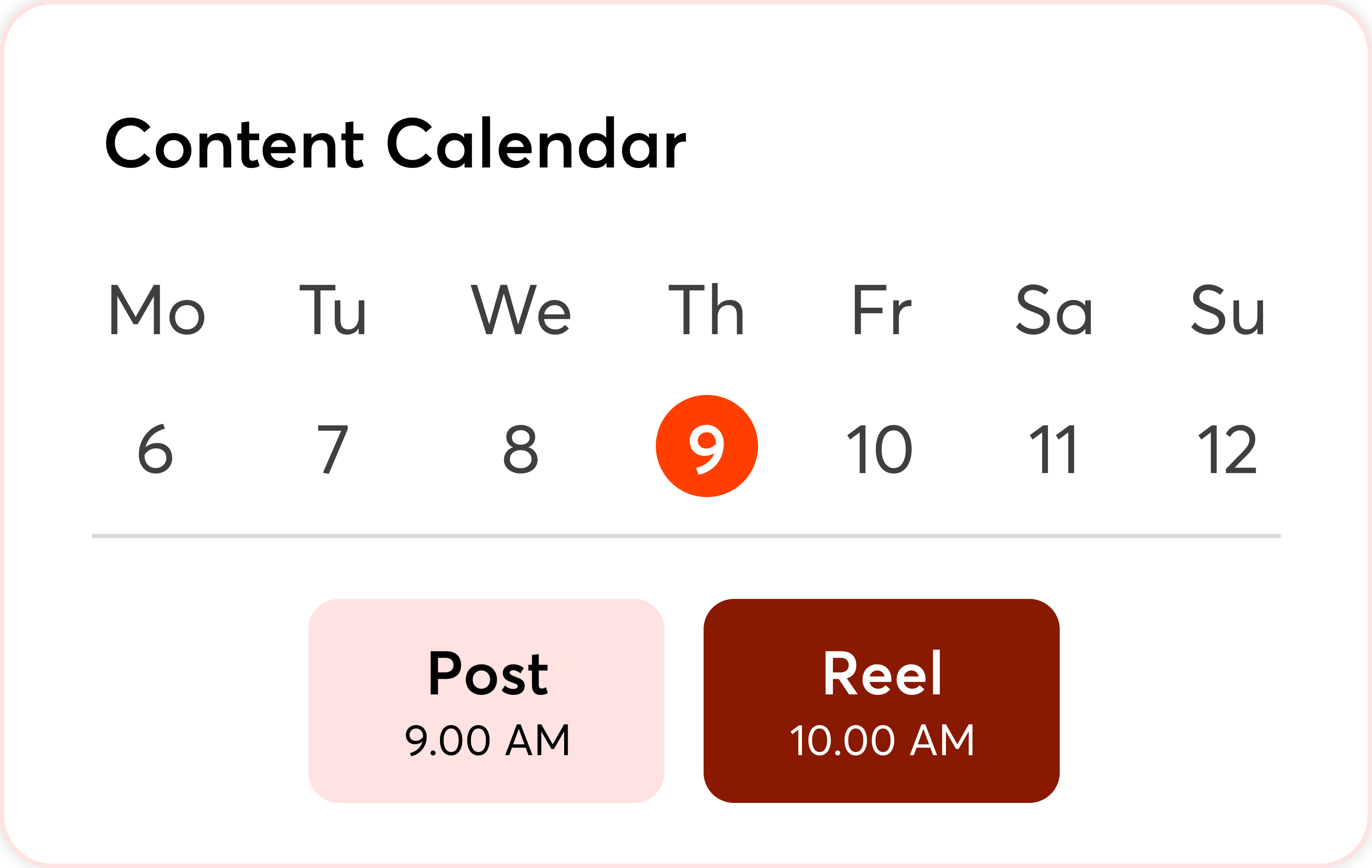 Content calendar showing scheduled posts, Reels, carousels, and Stories